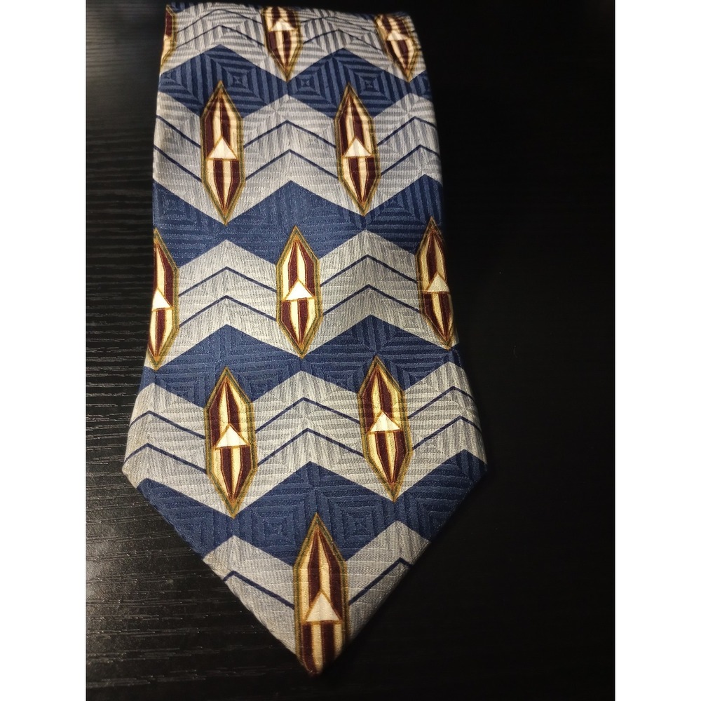 Bill Blass Black Label Silk Tie Italy Blue Gray Geometric‎ Art Deco Wide 4"...
